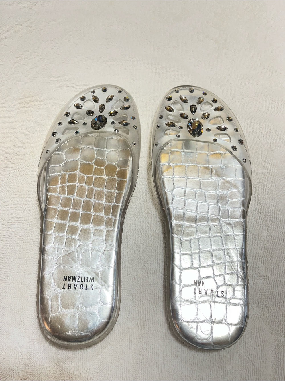 Stuart Weitzman Clear & Silver Croc-Embossed Jeweled Slide Mules Sz9